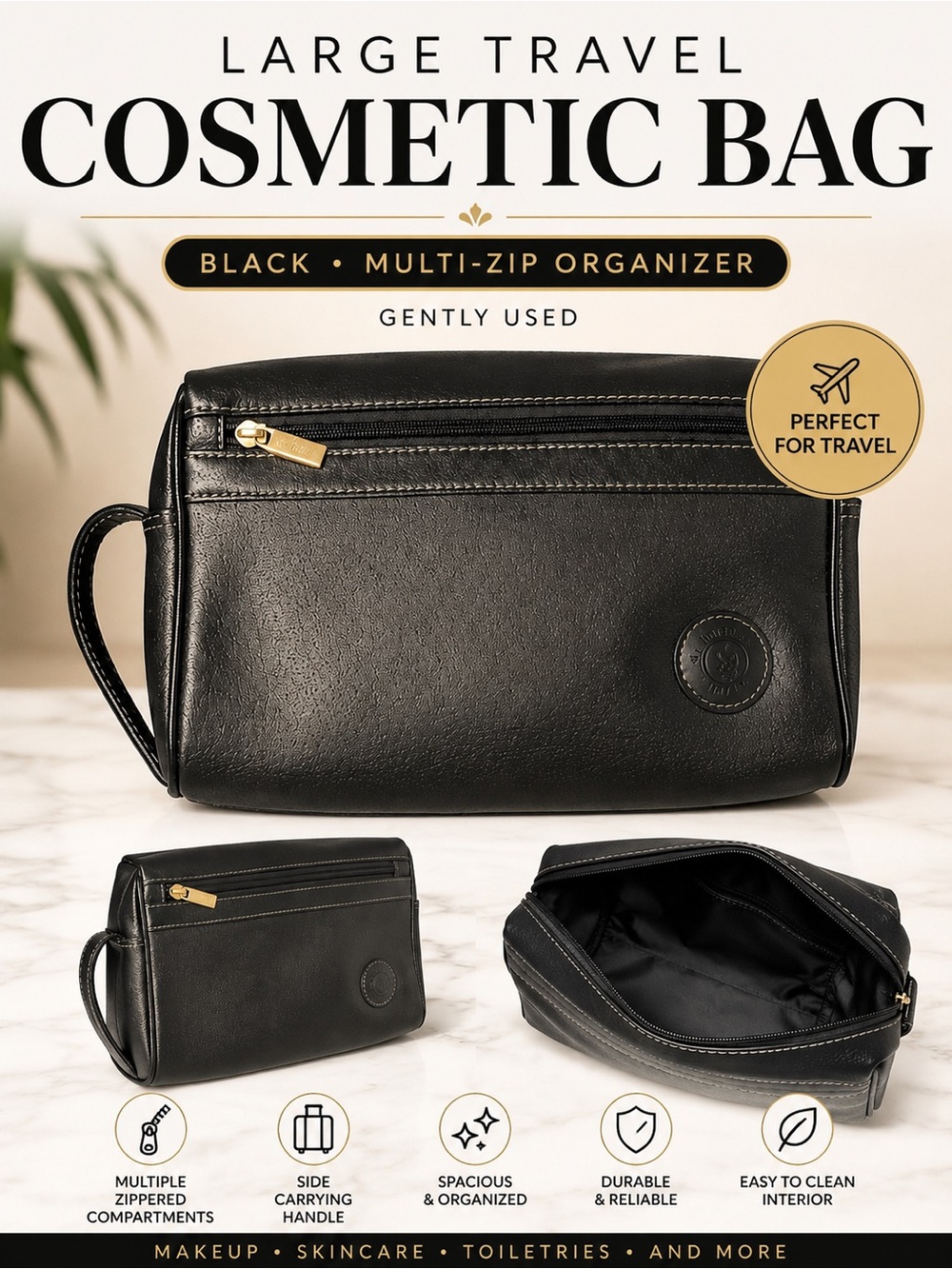 Large Black Travel Toiletry Cosmetic Makeup Bag Multi Zip Organizer